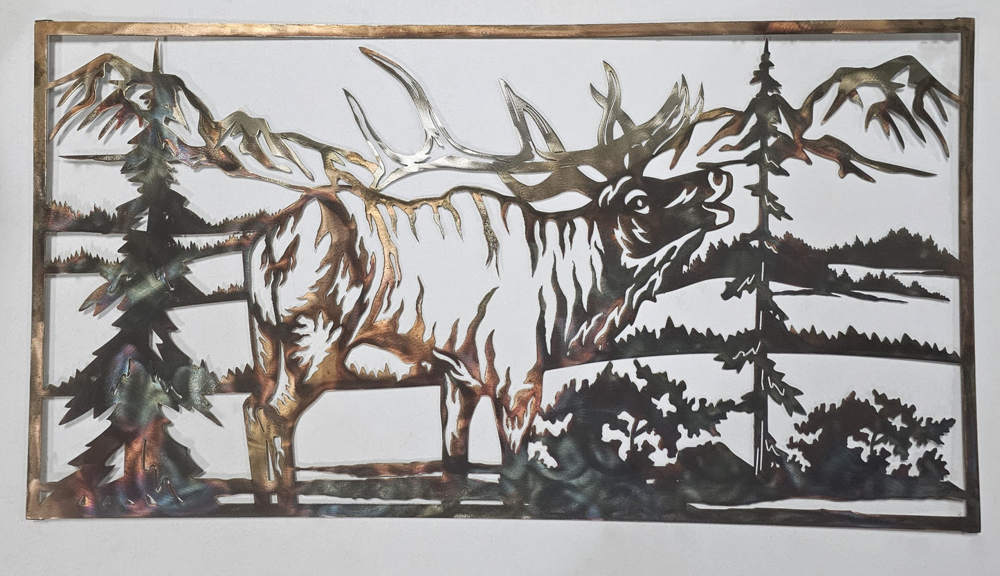 Bugling Elk in Mountain Scene Metal Wall Hanging Available in Six Colors