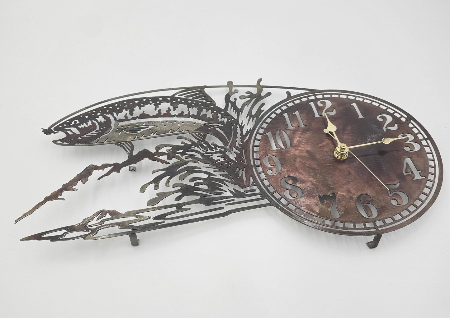 Rustic Metal Fish Wall Clock left side view.