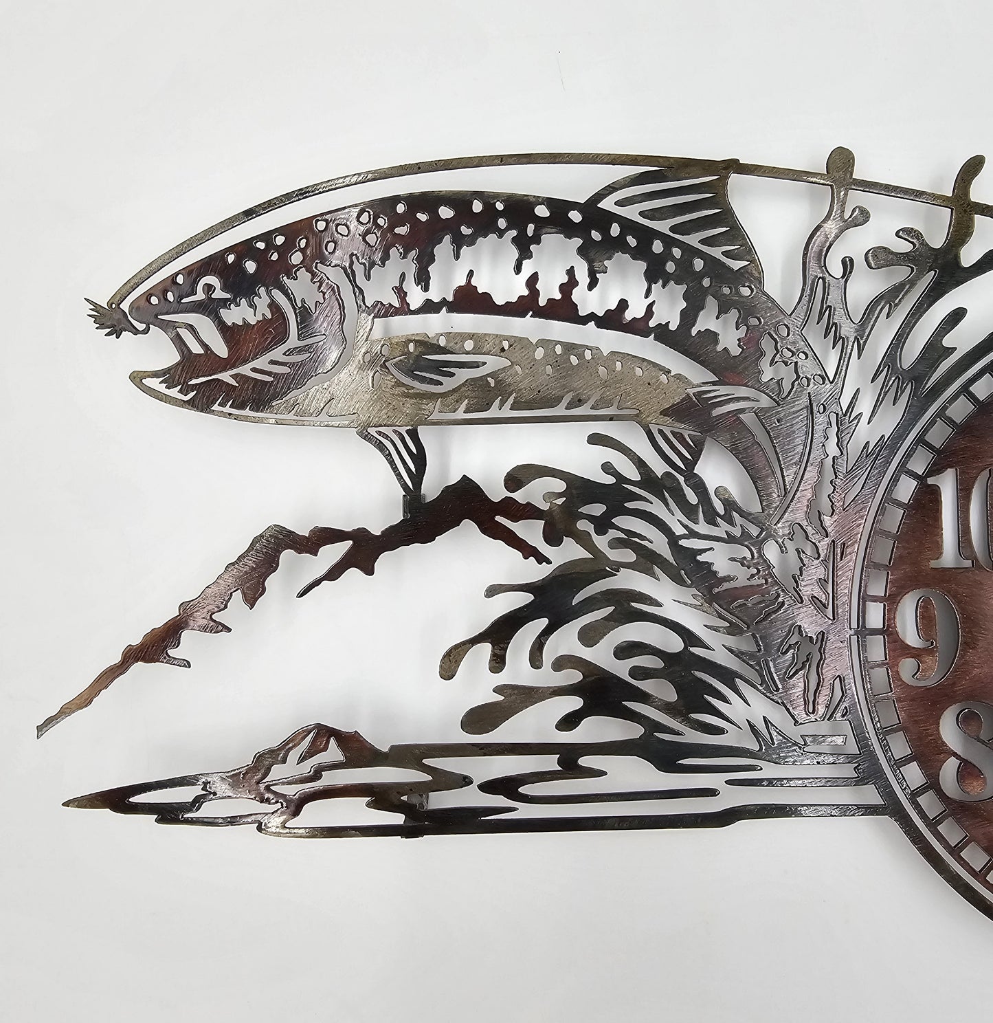 Rustic Metal Fish Wall Clock Front Left View.