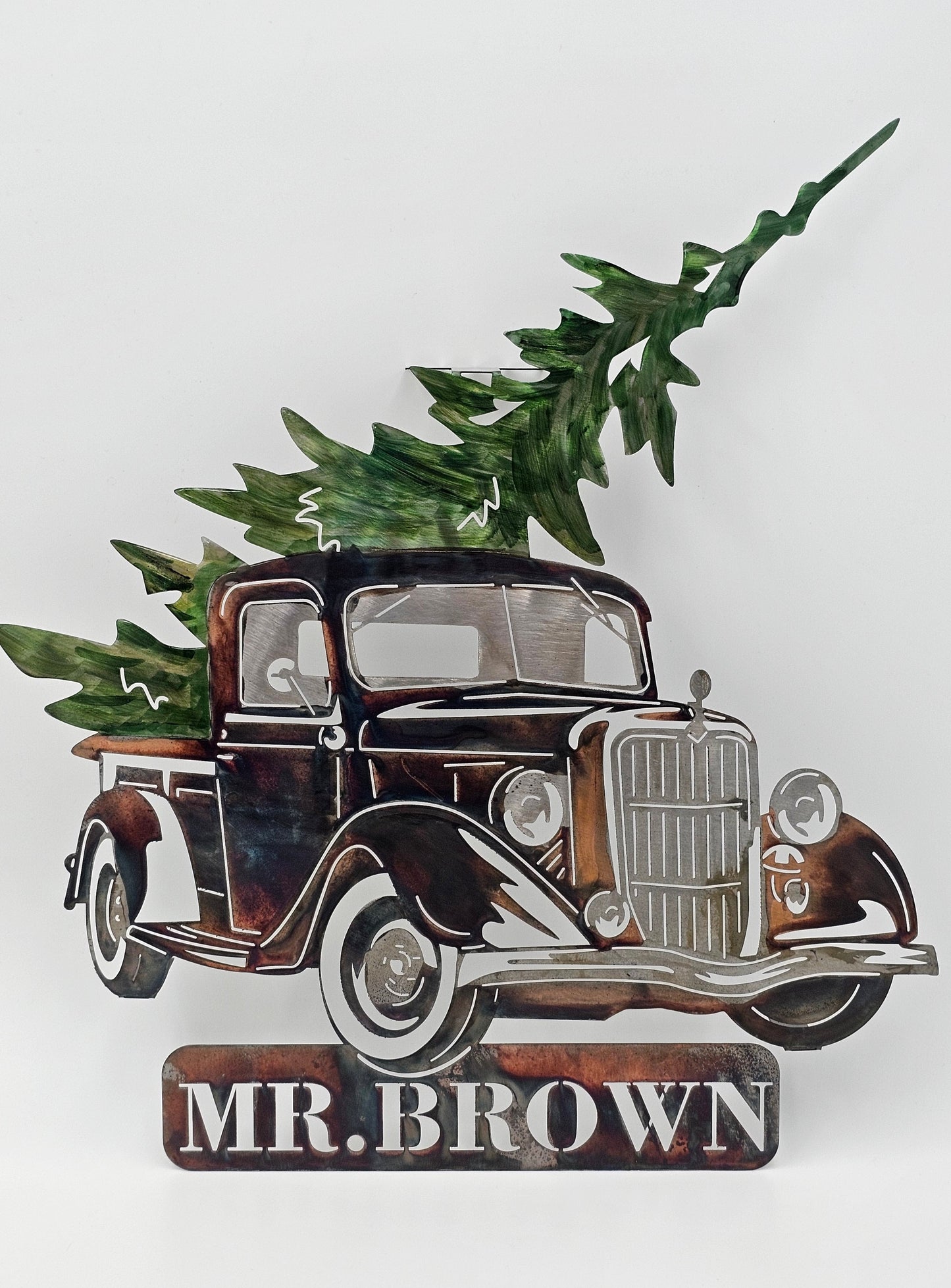 Vintage 1936 Ford Truck With Christmas Tree Metal Wall Hanging