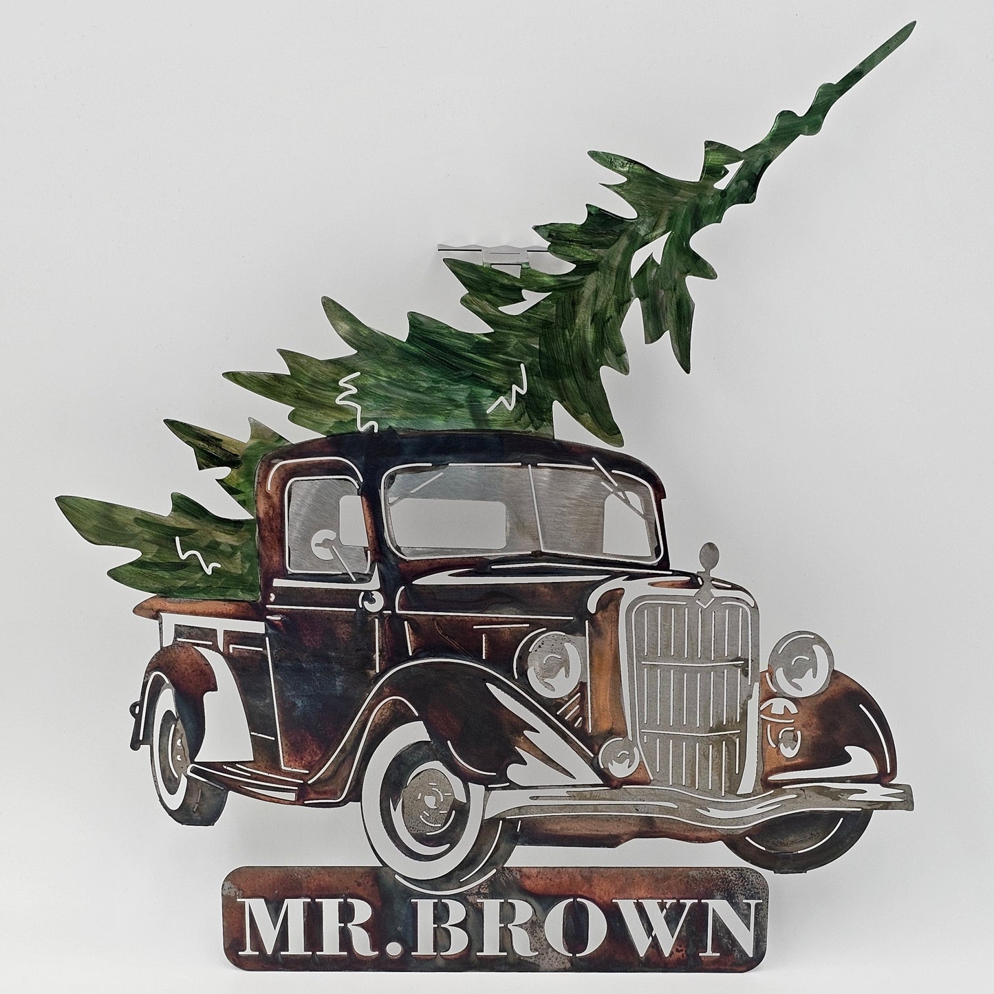 Vintage 1936 Ford Truck With Christmas Tree Metal Wall Hanging