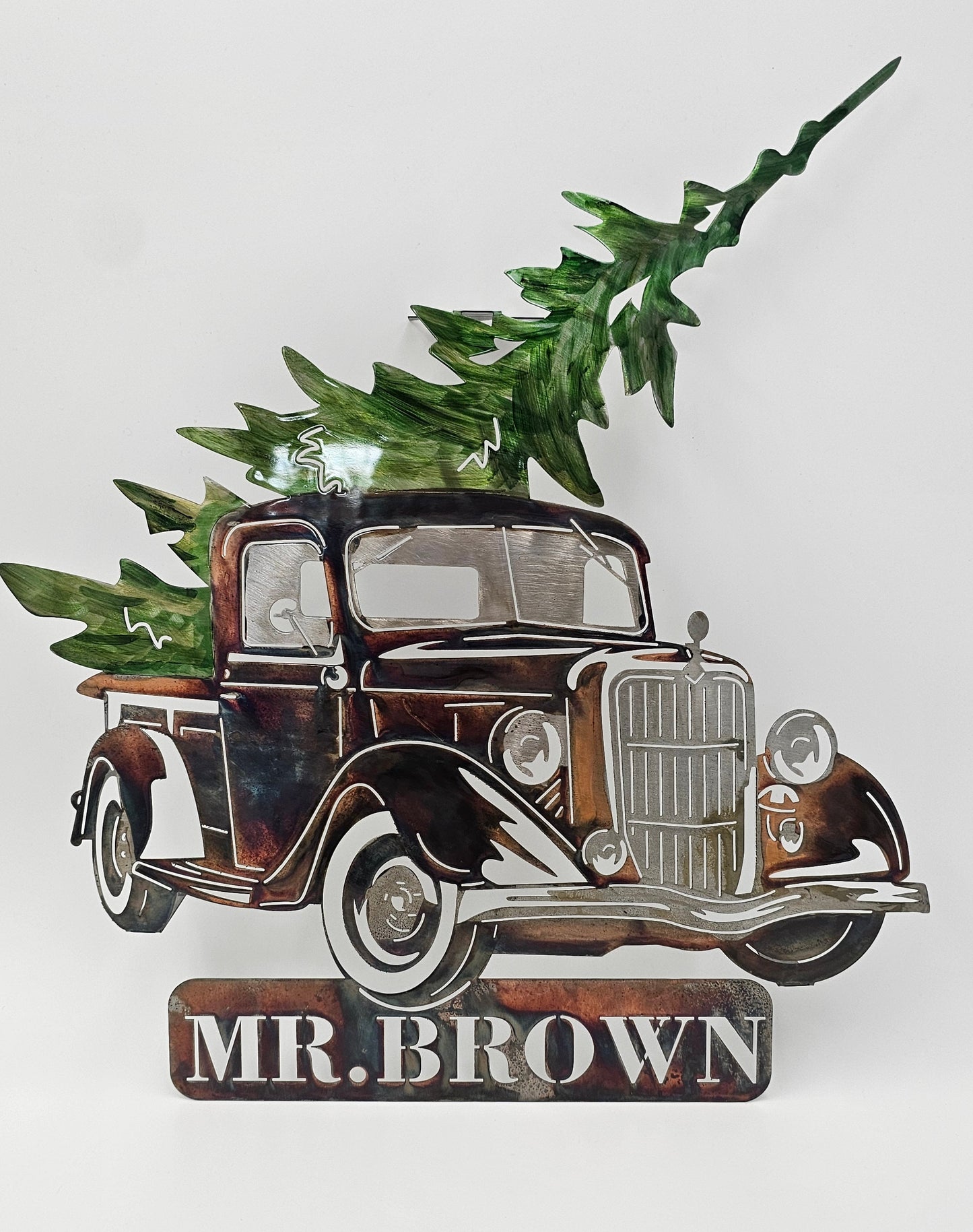 Vintage 1936 Ford Truck With Christmas Tree Metal Wall Hanging