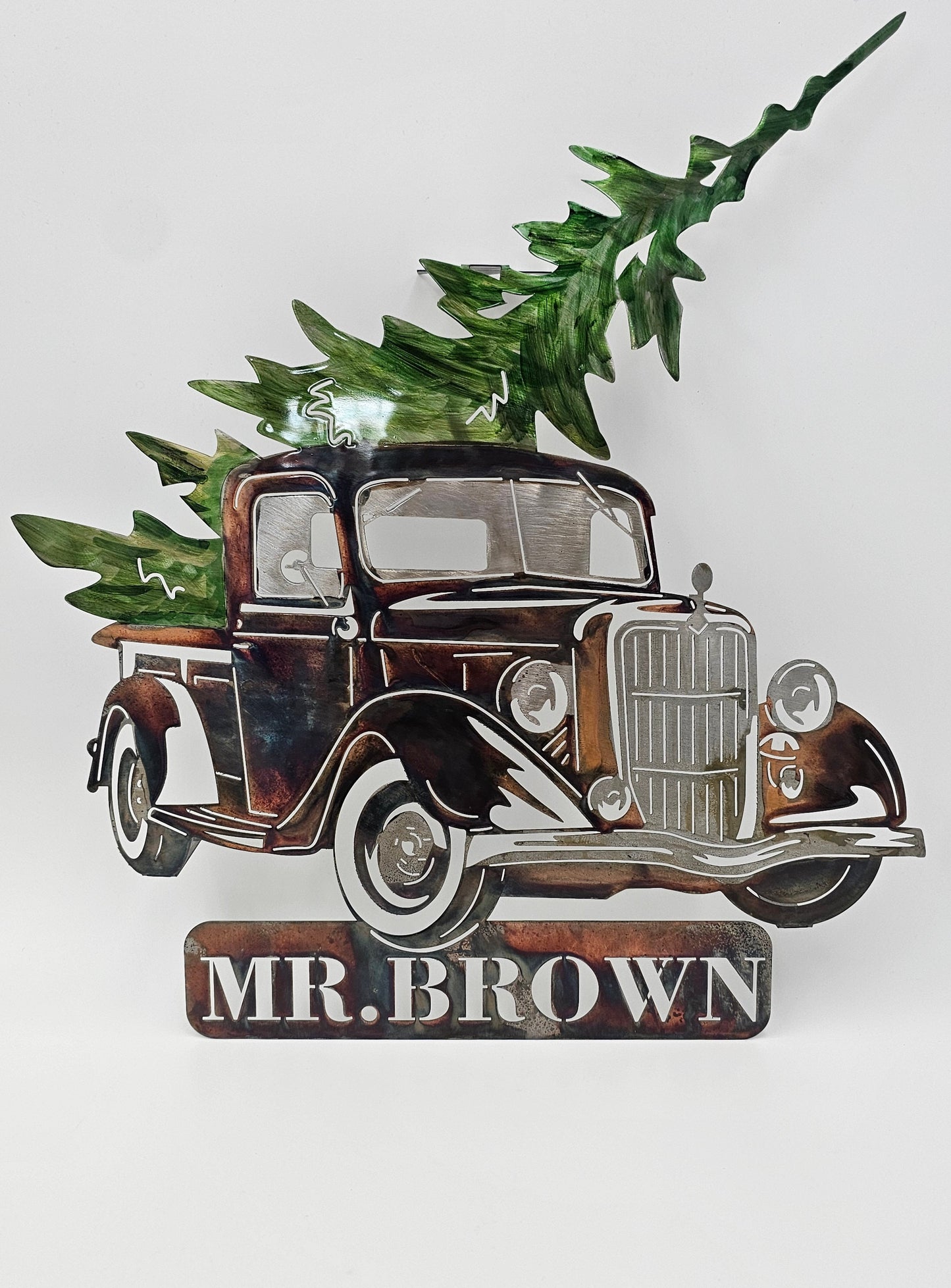 Vintage 1936 Ford Truck With Christmas Tree Metal Wall Hanging