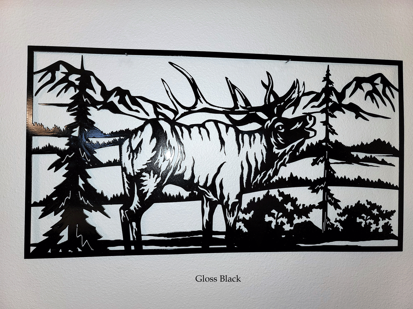 Bugling Elk in Mountain Scene Metal Wall Hanging Available in Six Colors