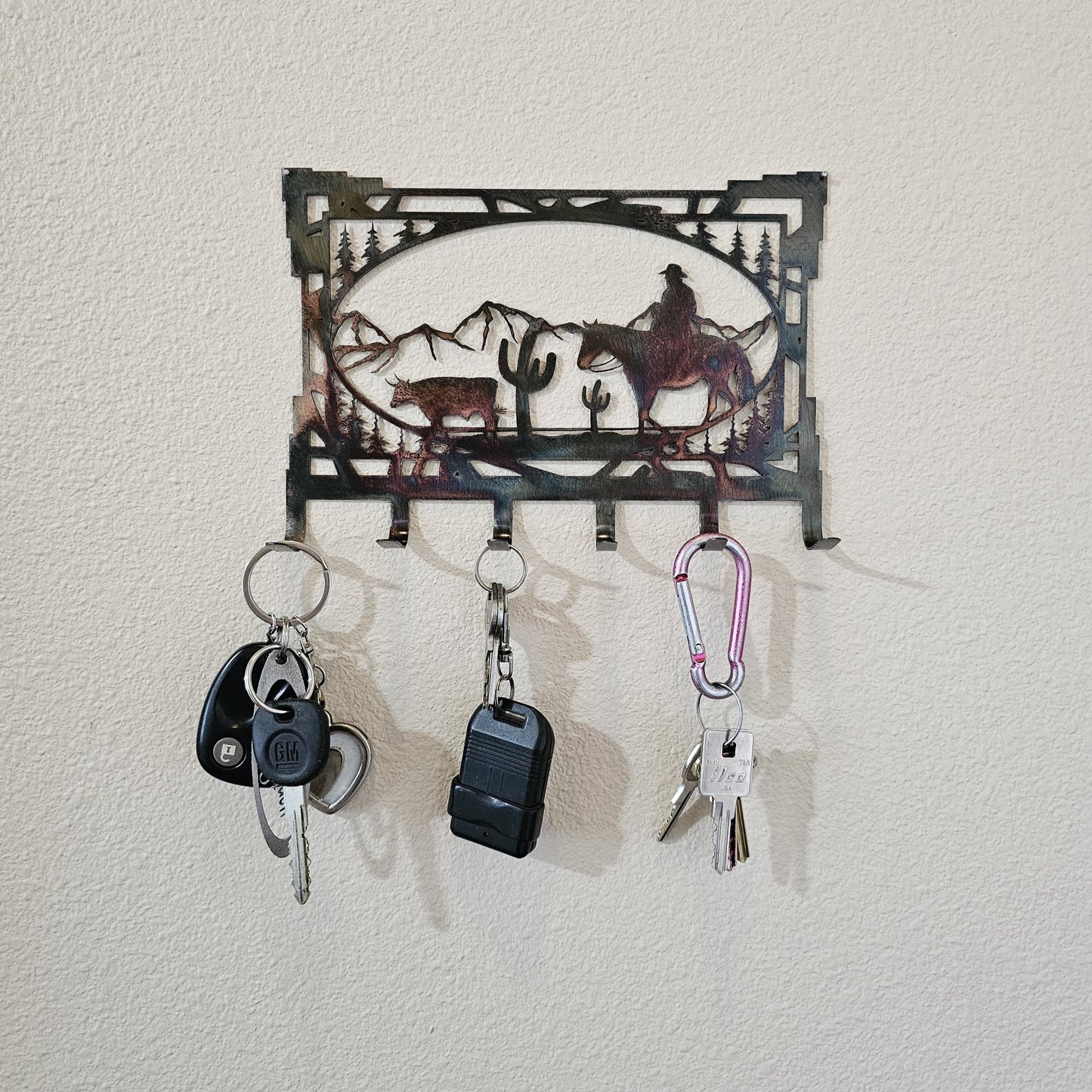 Cowboy Bull and Cactus Key Rack With Keys