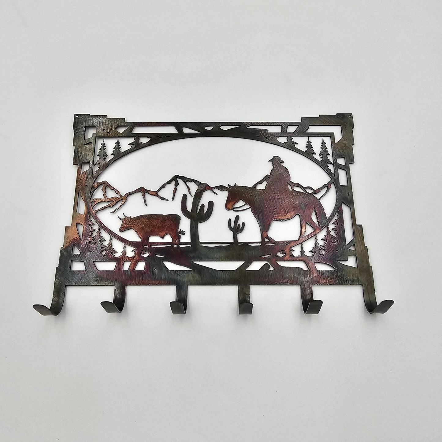 Cowboy Bull and Cactus Key Rack