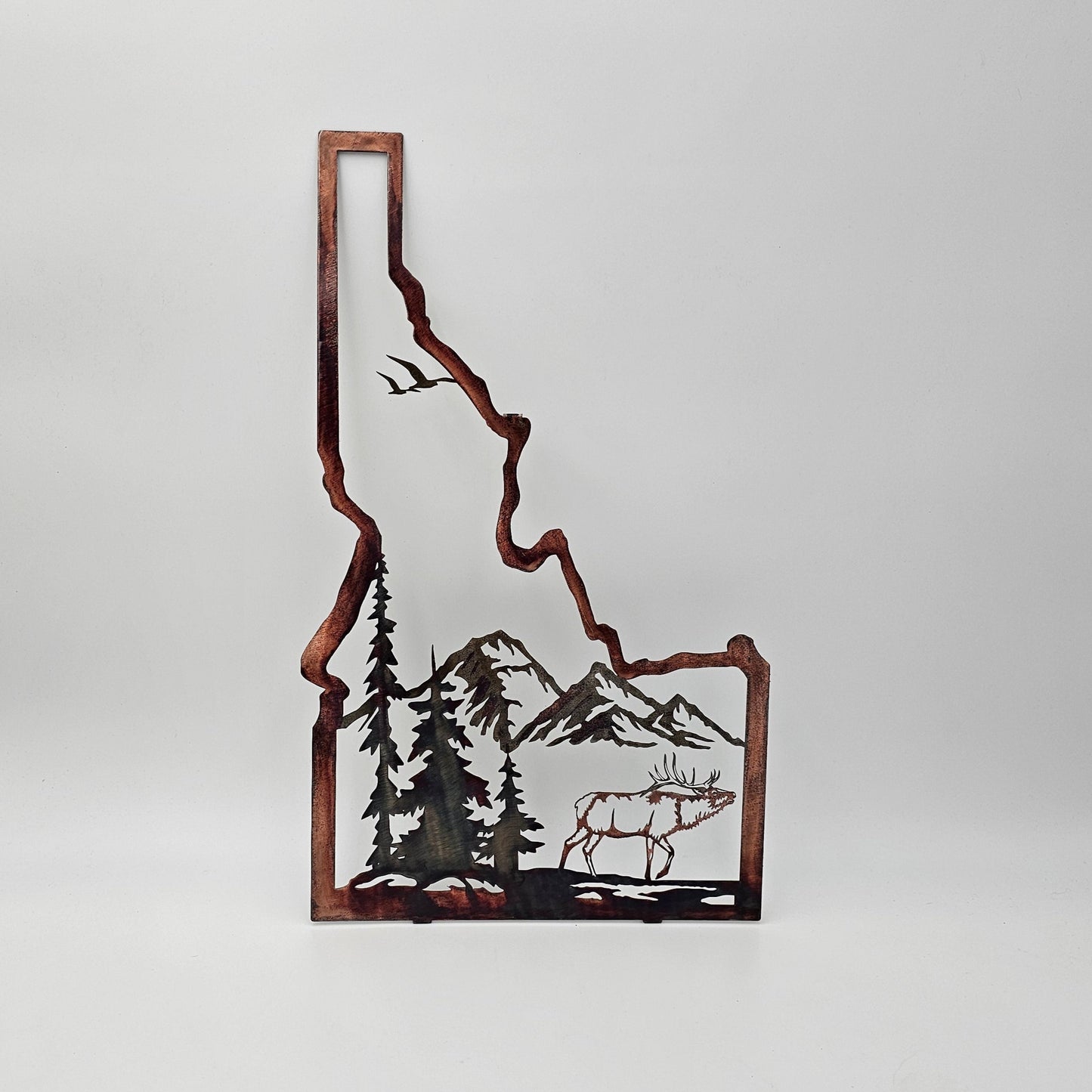 Idaho State Map Sign. Measures 20.5 Inches High x 12 Inches Wide x 18 gauge. Comes in five colors, Colored-Rustic, Flat Black, Hammered Black, Hammered Beige, and Bare Metal. Sprayed with Automotive Clear Coat. If you'd like to hang this outside in the elements let us know in the personalization box and we'll spray the back of it.