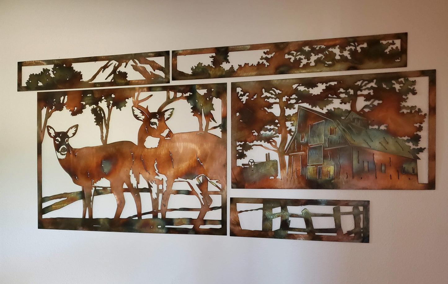 5 Panel Metal Deer and Barn Scene Available in Five Colors