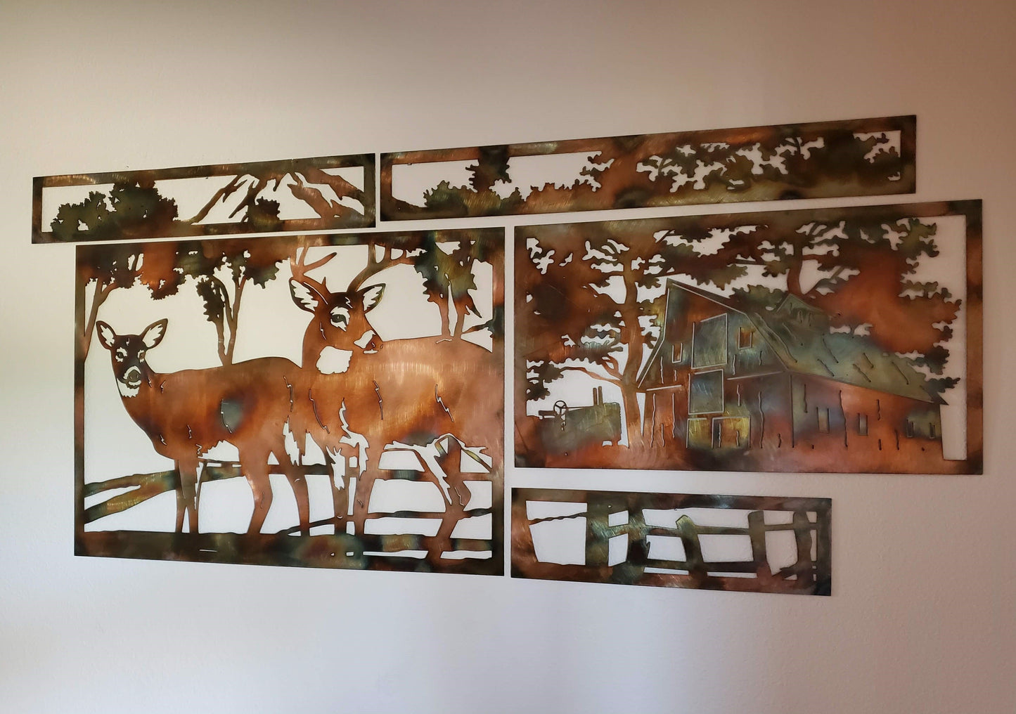 5 Panel Metal Deer and Barn Scene Available in Five Colors