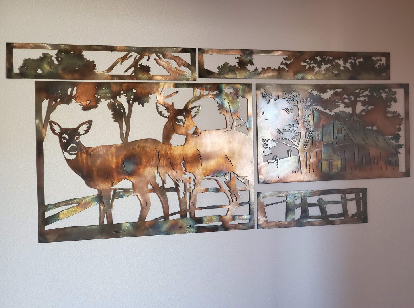 5 Panel Metal Deer and Barn Scene Available in Five Colors
