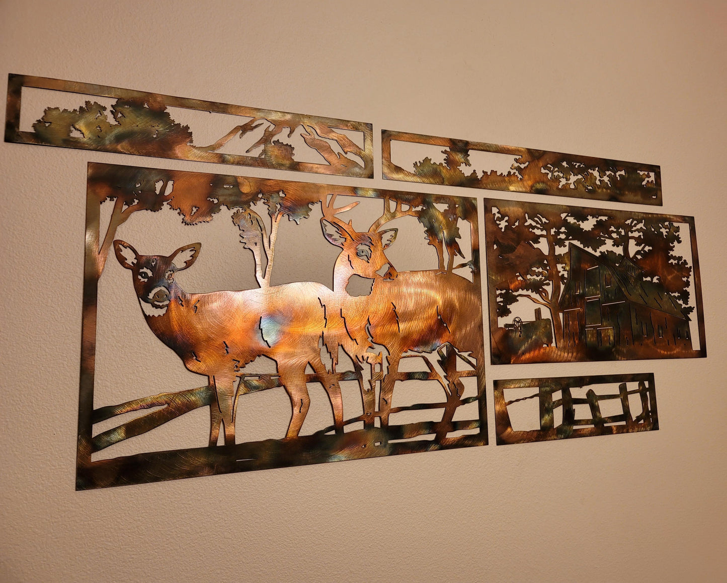 5 Panel Metal Deer and Barn Scene Available in Five Colors
