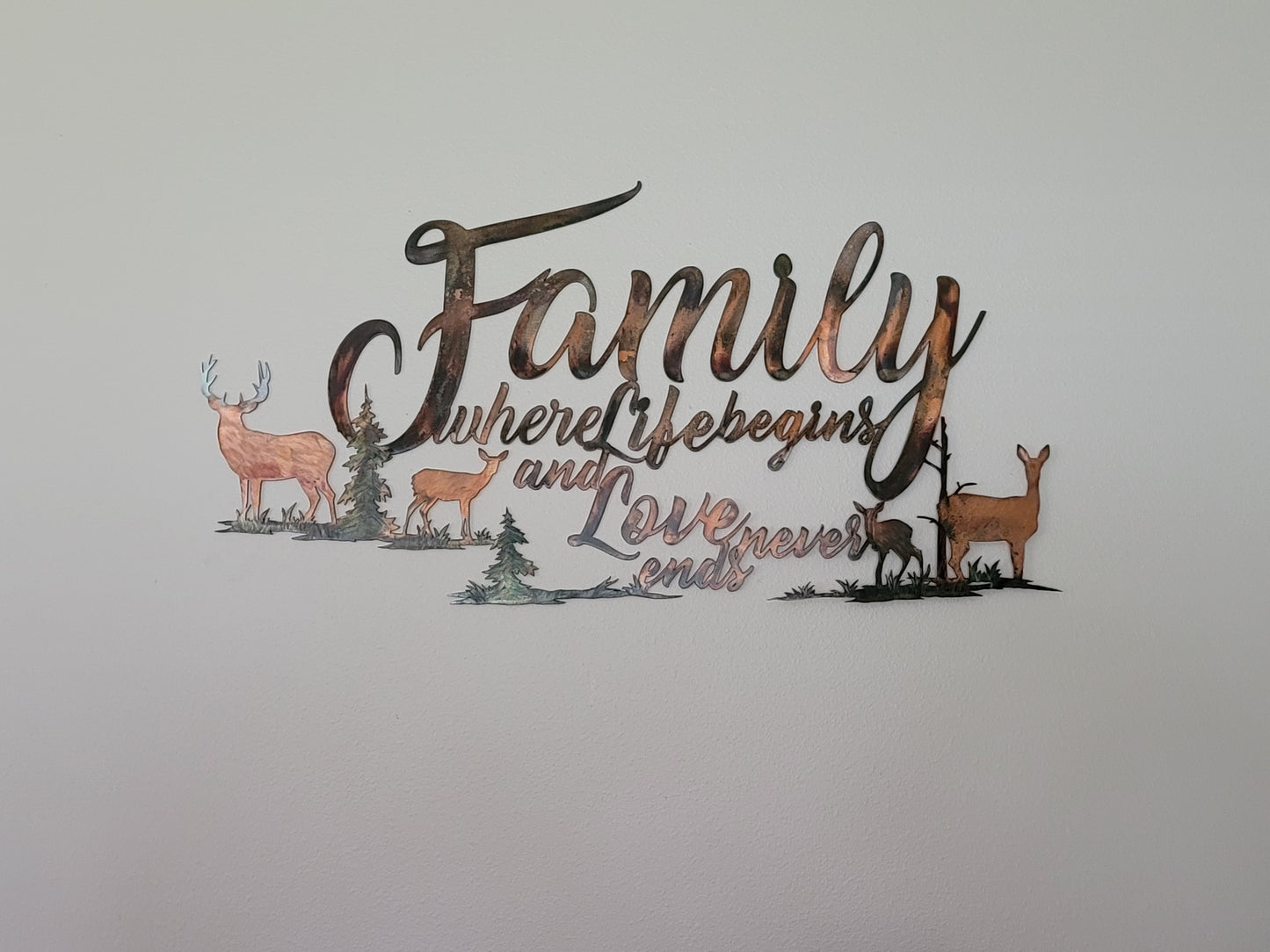 Family With Deer Metal Art Wall Hanging Where Life Begins and Love Never Ends Available in Five Colors