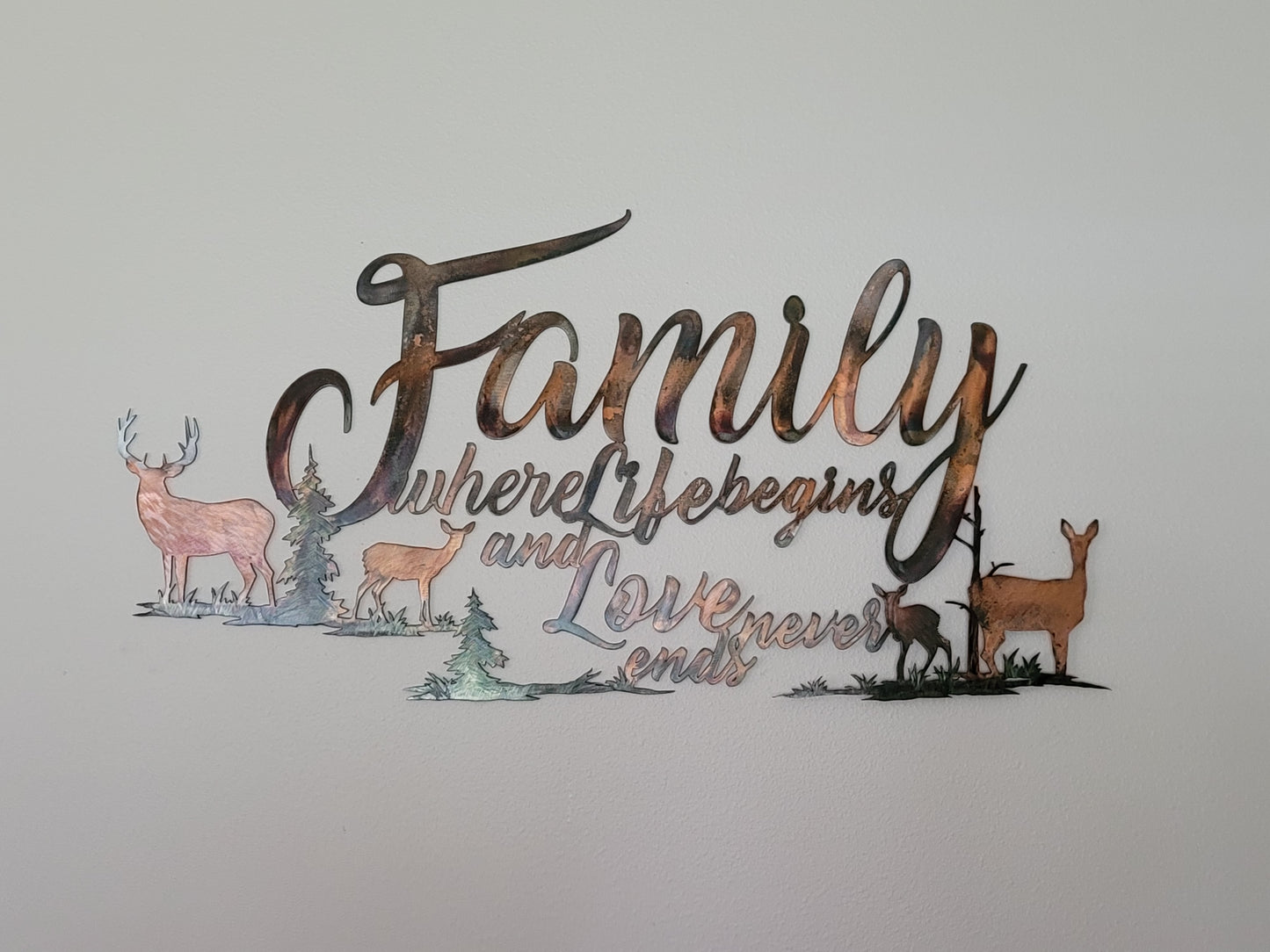 Family With Deer Metal Art Wall Hanging Where Life Begins and Love Never Ends Available in Five Colors