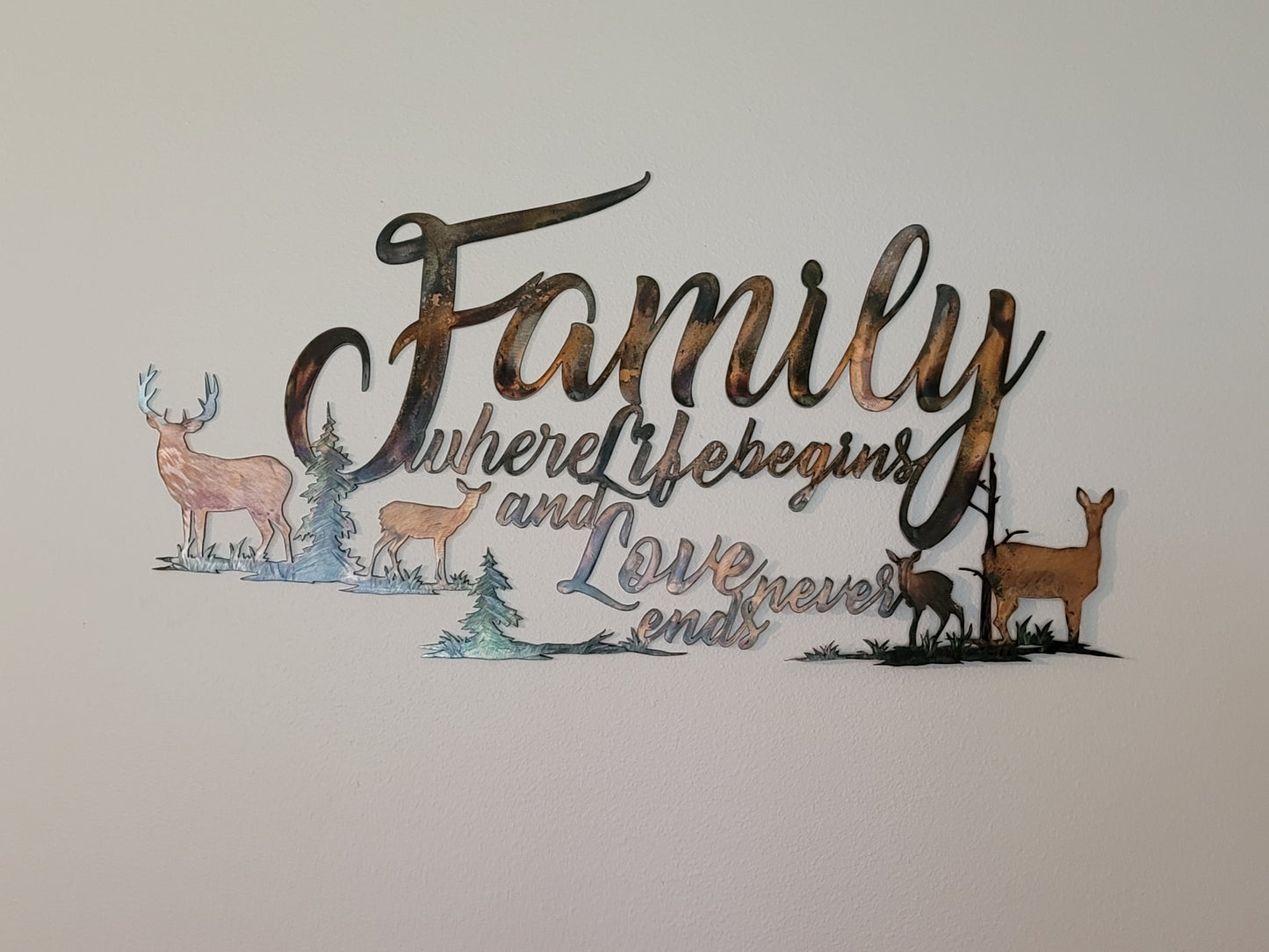 Family With Deer Metal Art Wall Hanging Where Life Begins and Love Never Ends Available in Five Colors