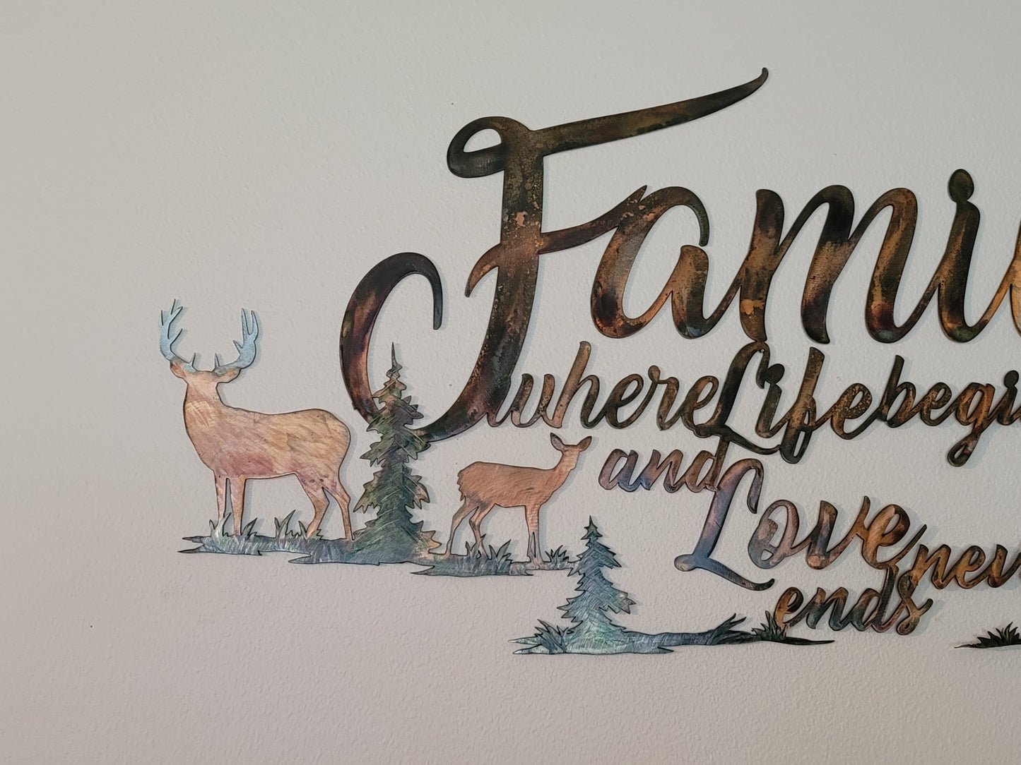 Family With Deer Metal Art Wall Hanging Where Life Begins and Love Never Ends Available in Five Colors