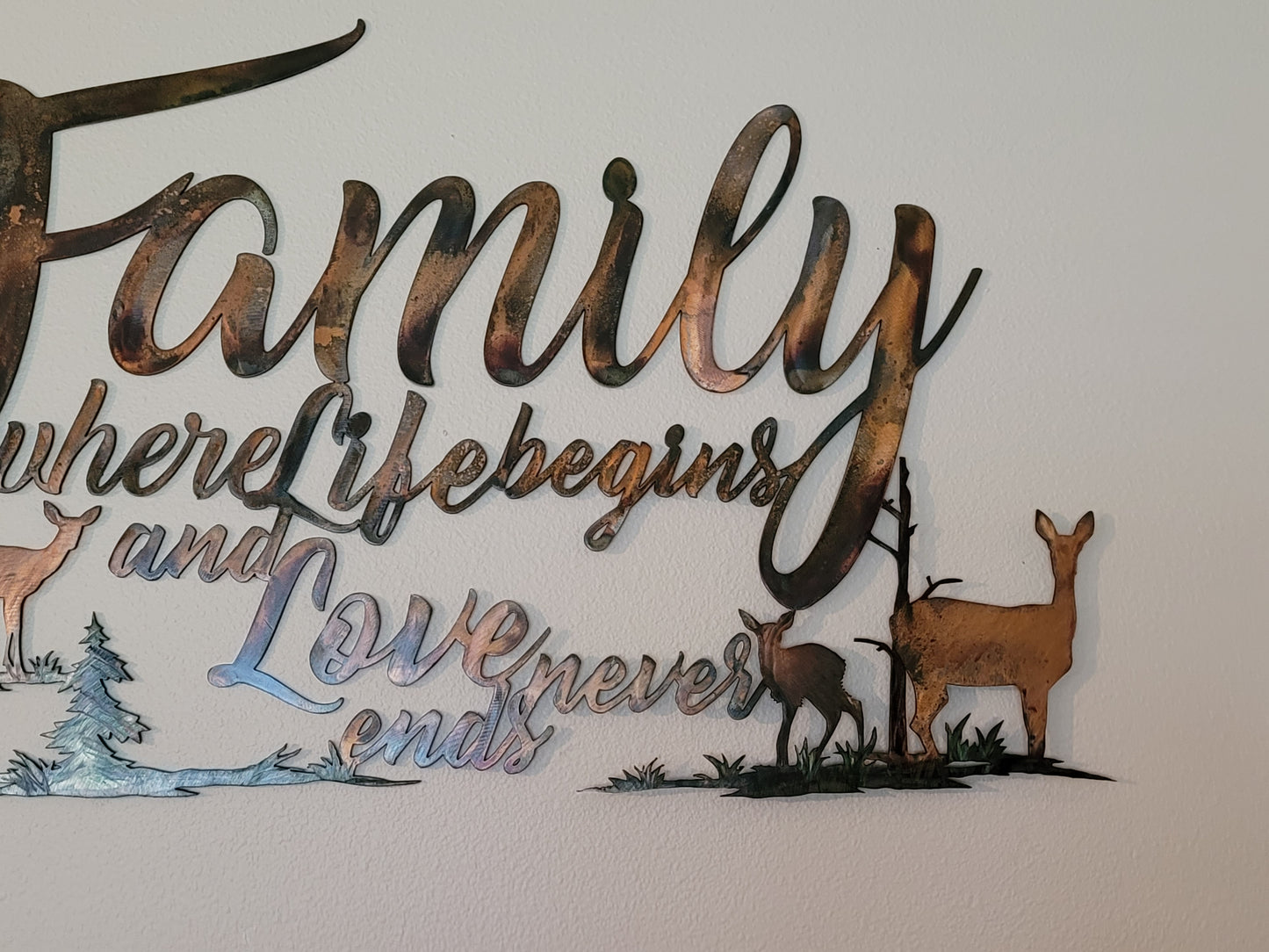 Family With Deer Metal Art Wall Hanging Where Life Begins and Love Never Ends Available in Five Colors
