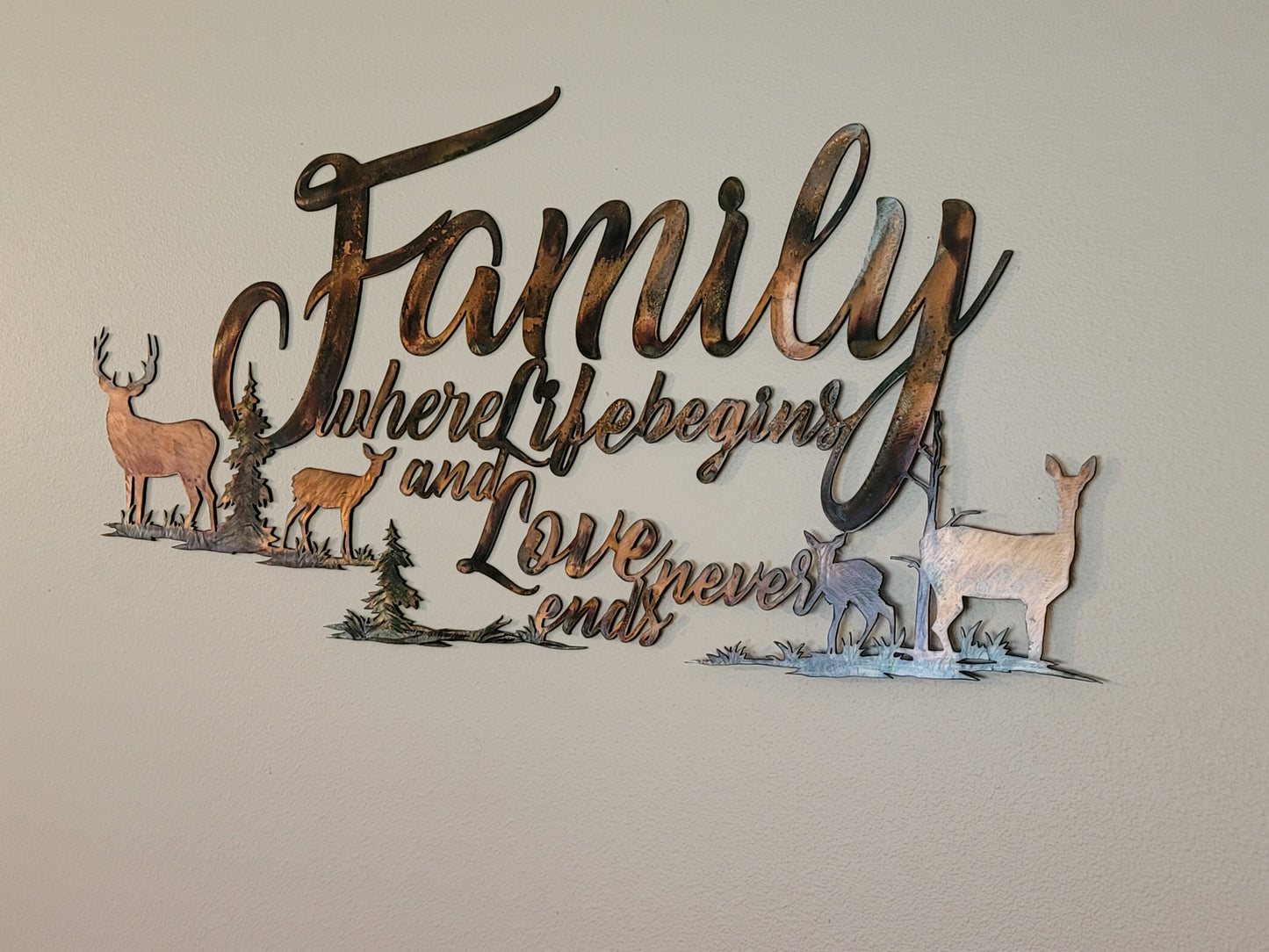 Family With Deer Metal Art Wall Hanging Where Life Begins and Love Never Ends Available in Five Colors