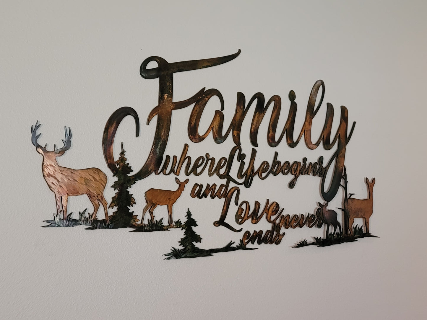 Family With Deer Metal Art Wall Hanging Where Life Begins and Love Never Ends Available in Five Colors