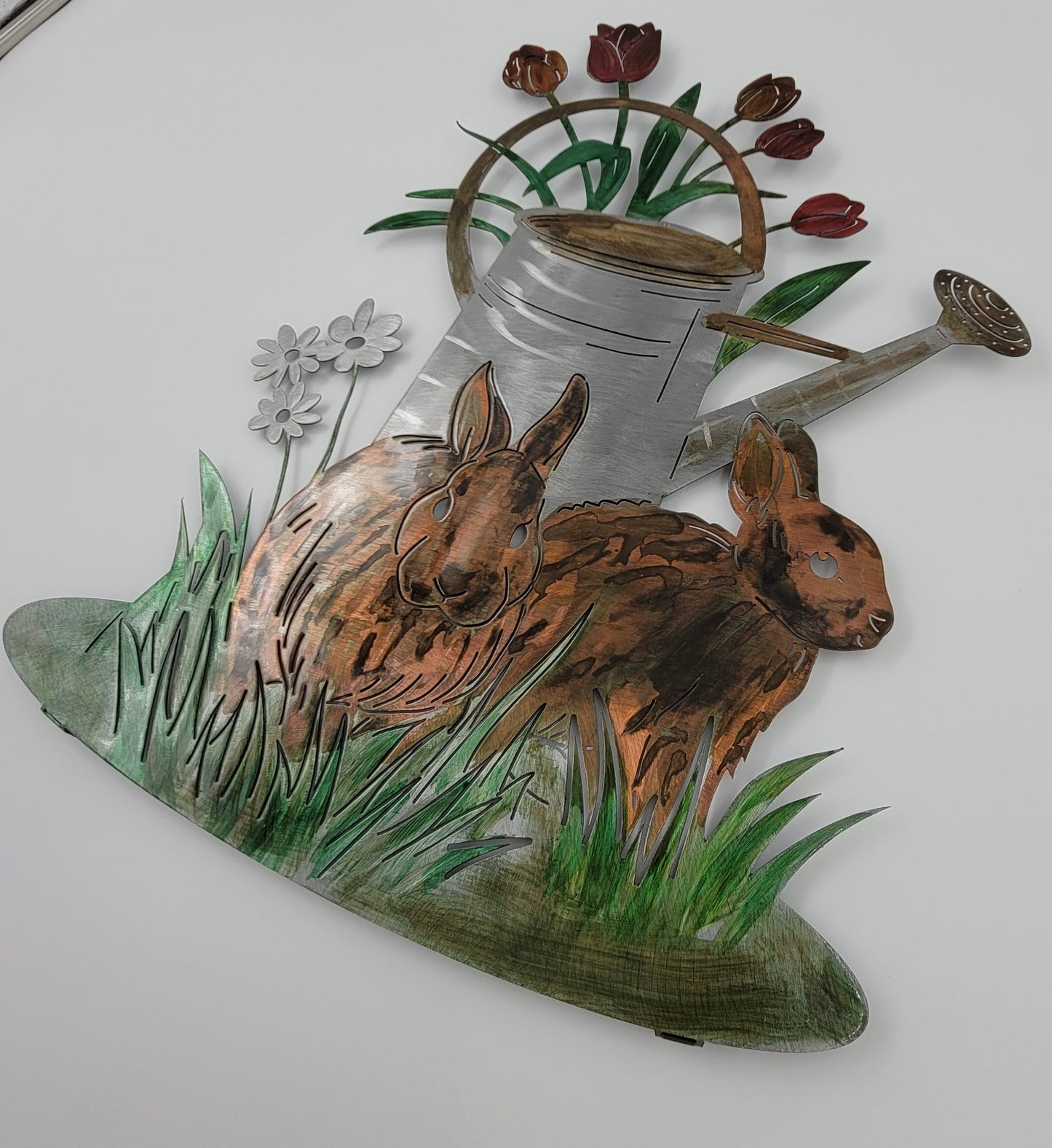 Rabbits & Watering Can Metal Wall Hanging