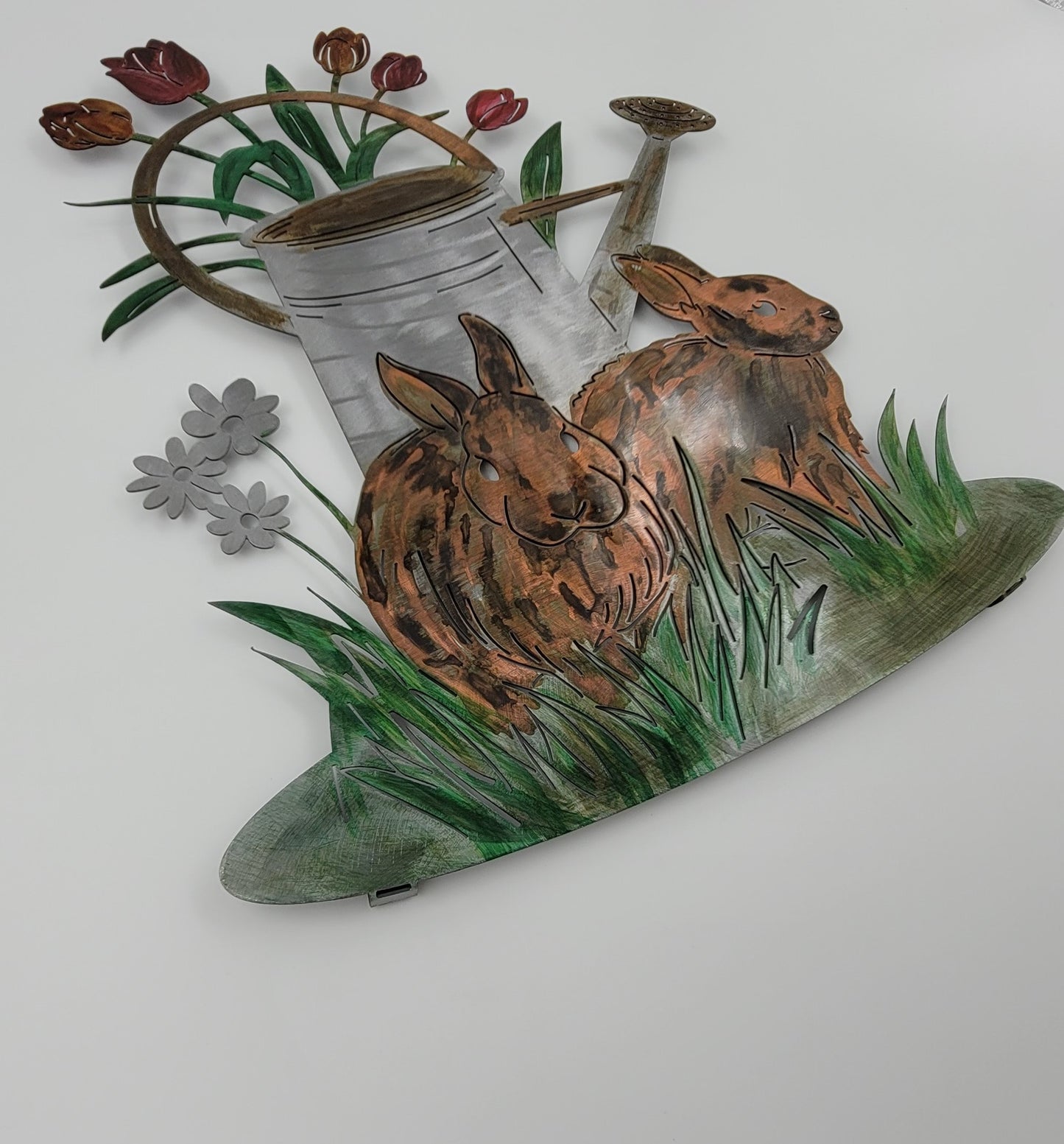 Rabbits & Watering Can Metal Wall Hanging