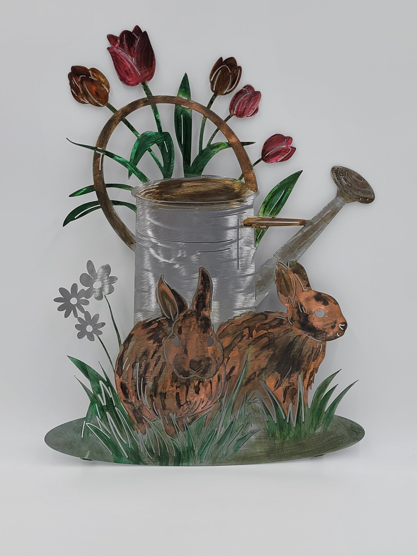 Rabbits & Watering Can Metal Wall Hanging