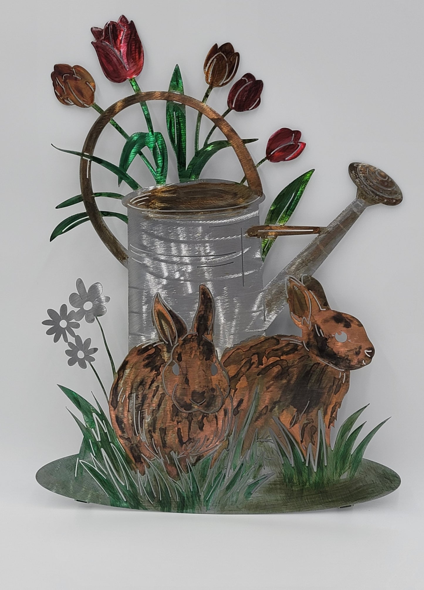 Rabbits & Watering Can Metal Wall Hanging
