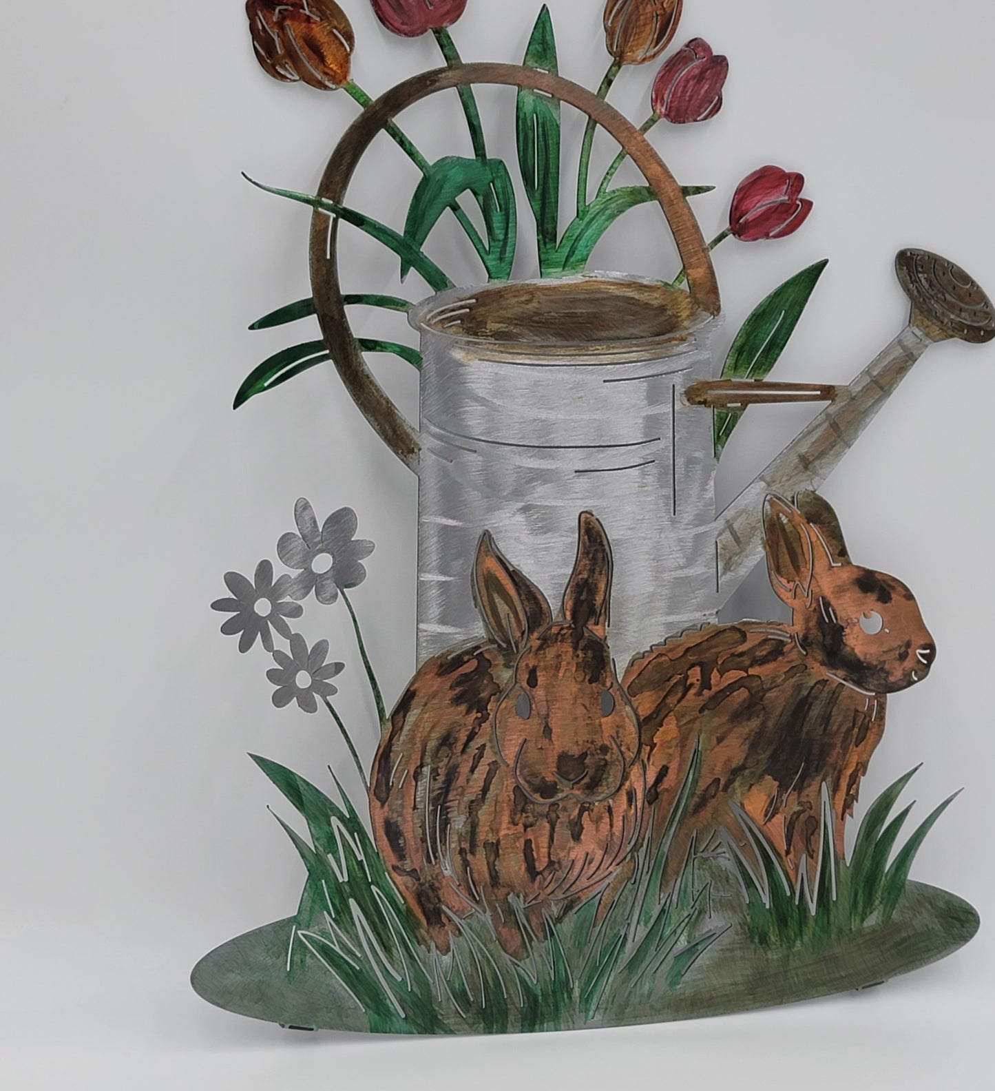 Rabbits & Watering Can Metal Wall Hanging