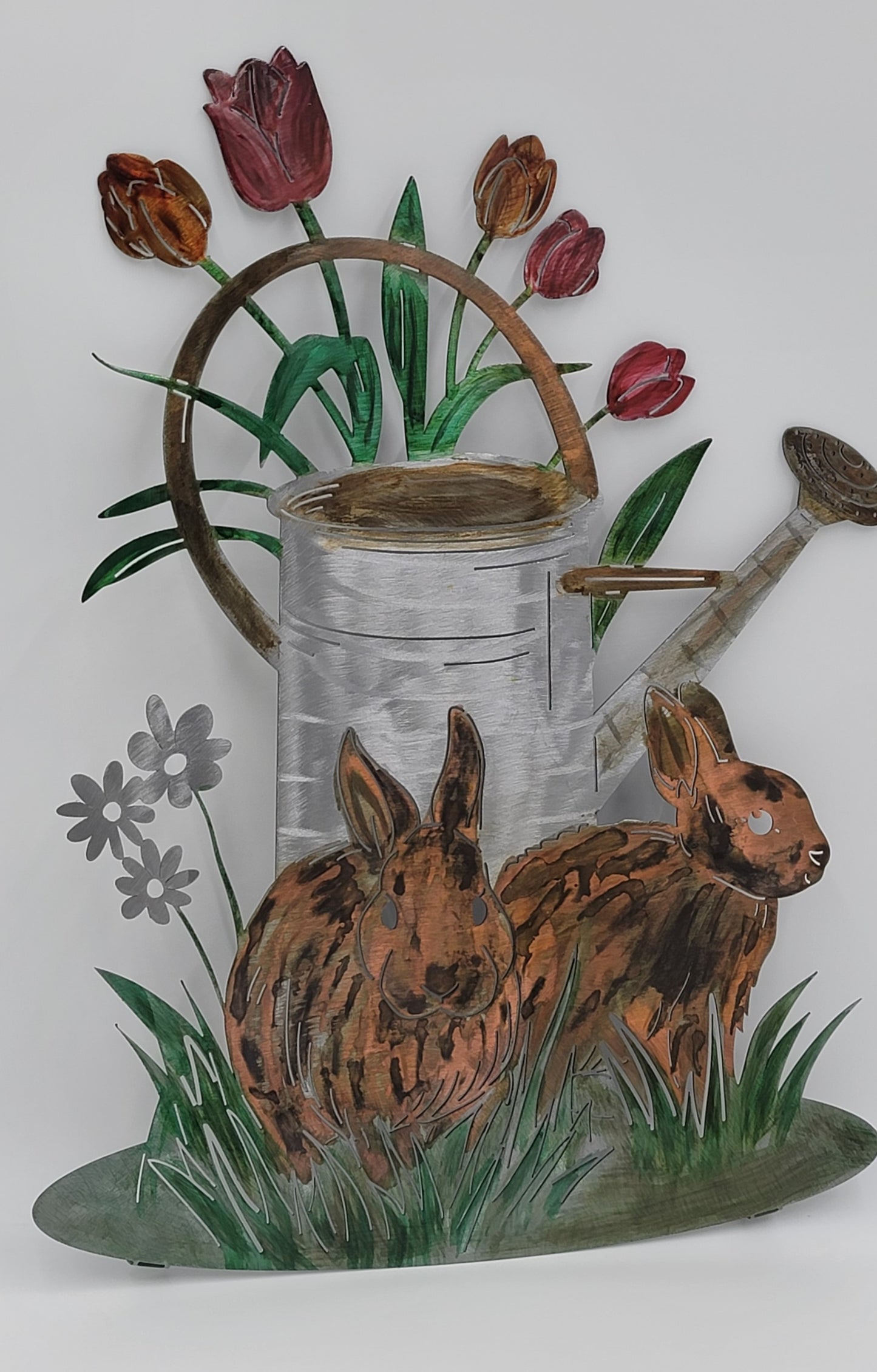 Rabbits & Watering Can Metal Wall Hanging