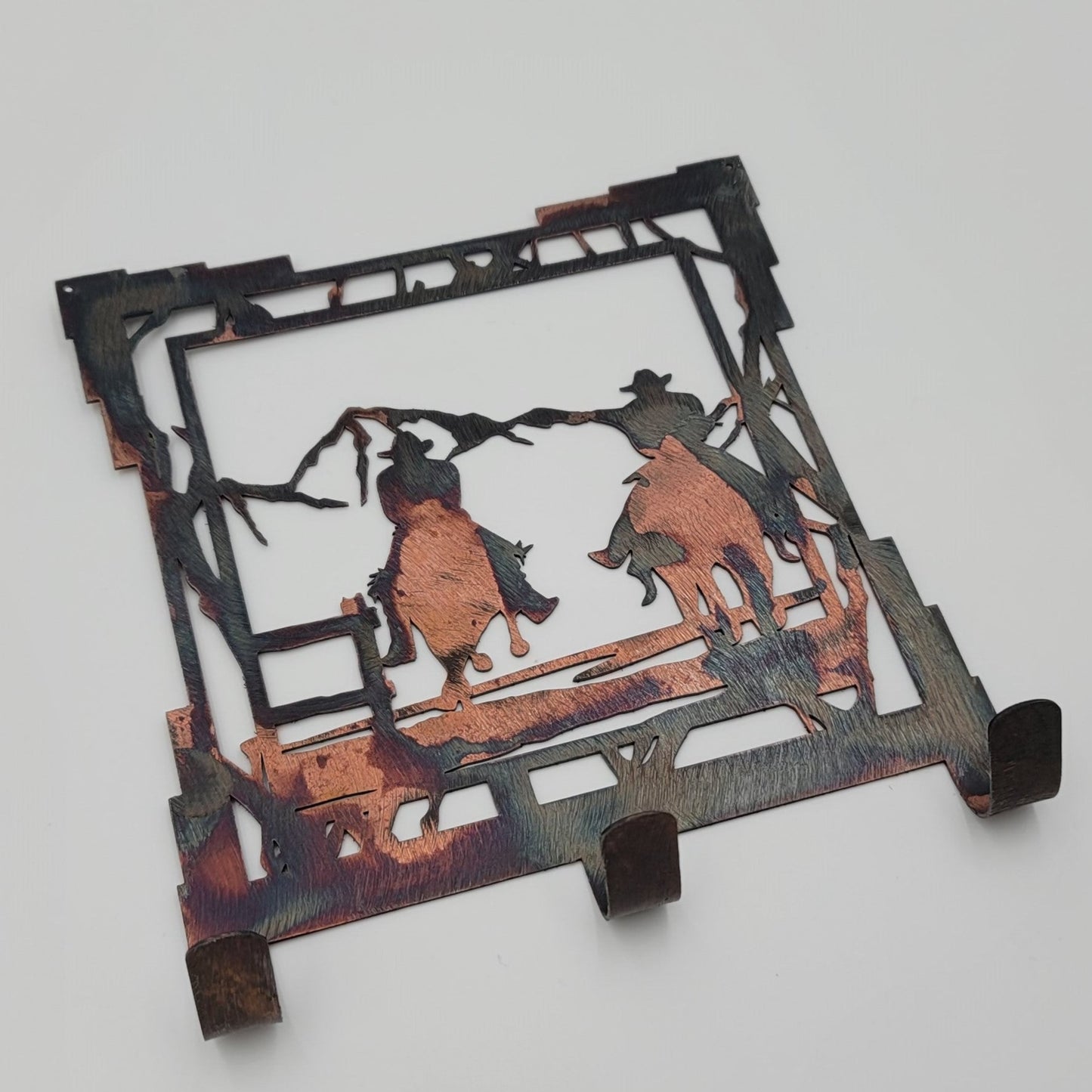 Two Cowboys Riding Horses Rustic Metal Key Rack
