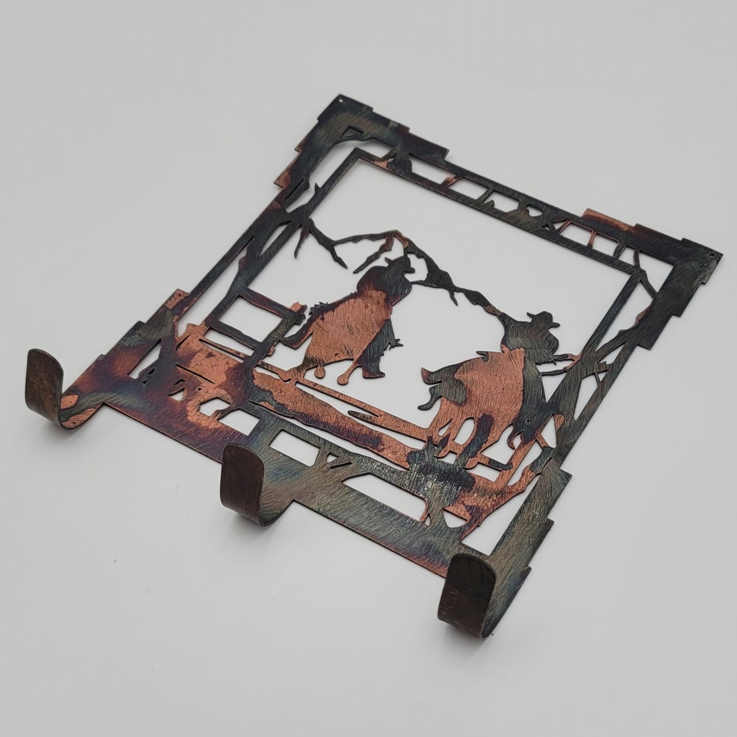 Two Cowboys Riding Horses Rustic Metal Key Rack