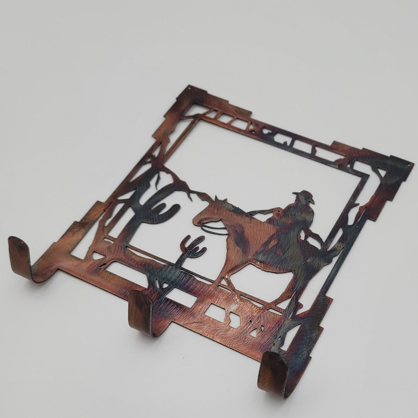 Western Cowboy and Horse Rustic Metal Key Rack