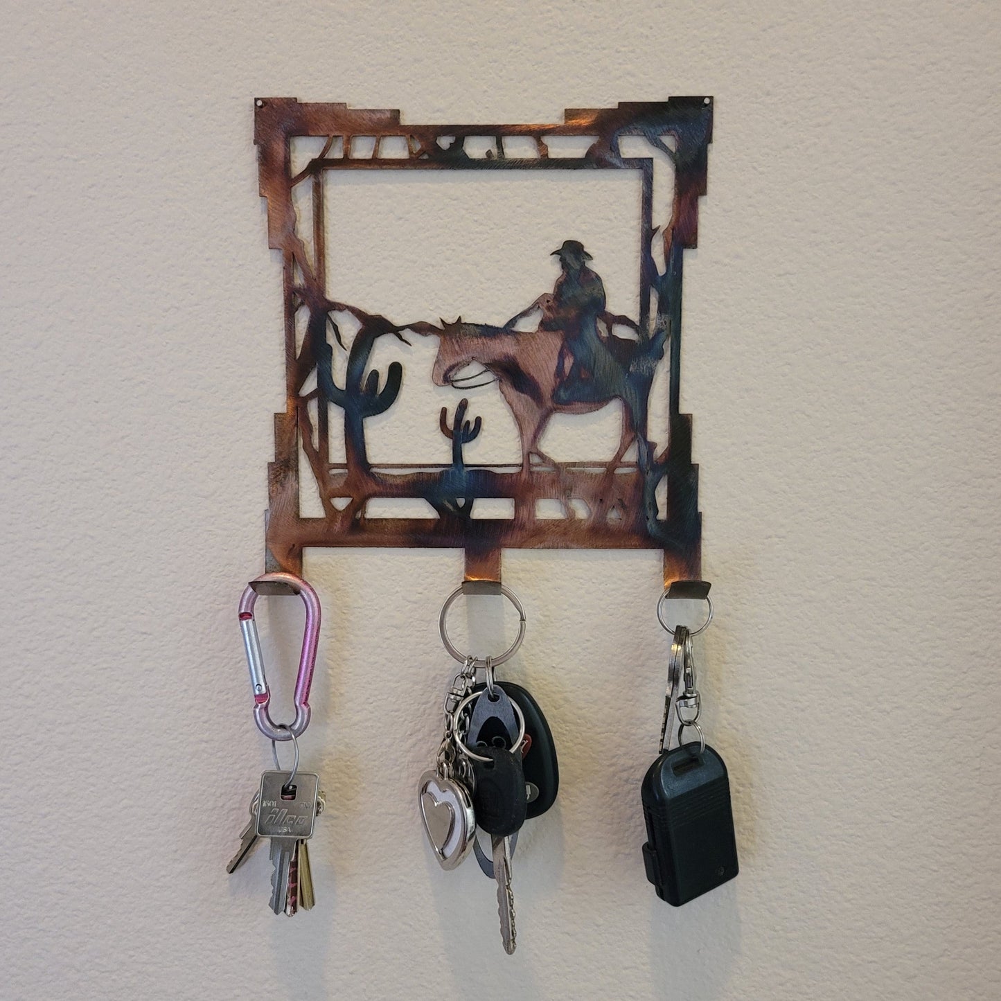 Western Cowboy and Horse Rustic Metal Key Rack