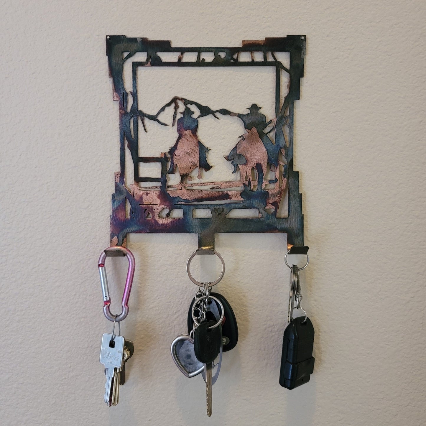 Two Cowboys Riding Horses Rustic Metal Key Rack