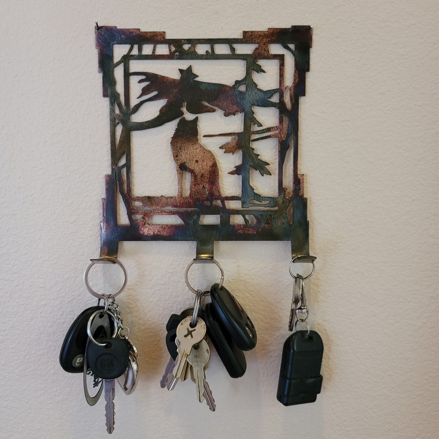 Southwest Wolf Mountain Scene Rustic Metal Key Rack