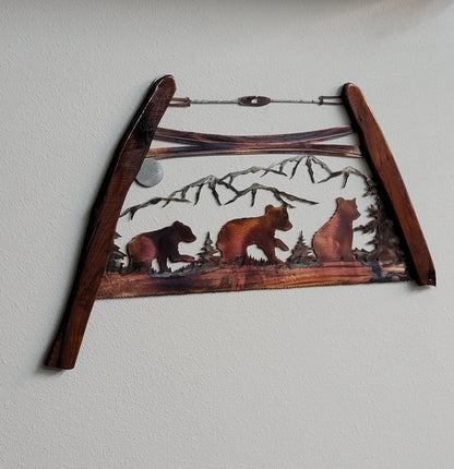 Bear Cubs Bow Saw Metal Wall Art | Rustic Cabin & Lodge Decor | Northwind Gifts