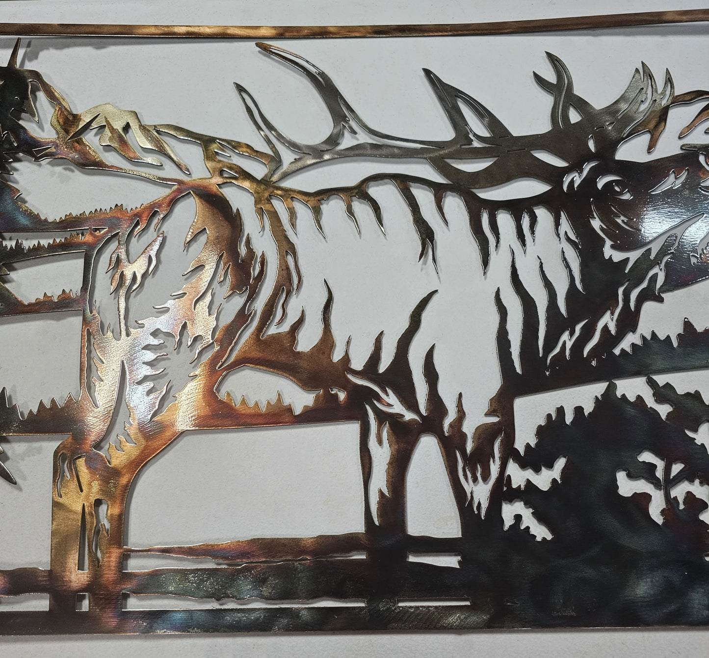 Bugling Elk in Mountain Scene Metal Wall Hanging Available in Six Colors