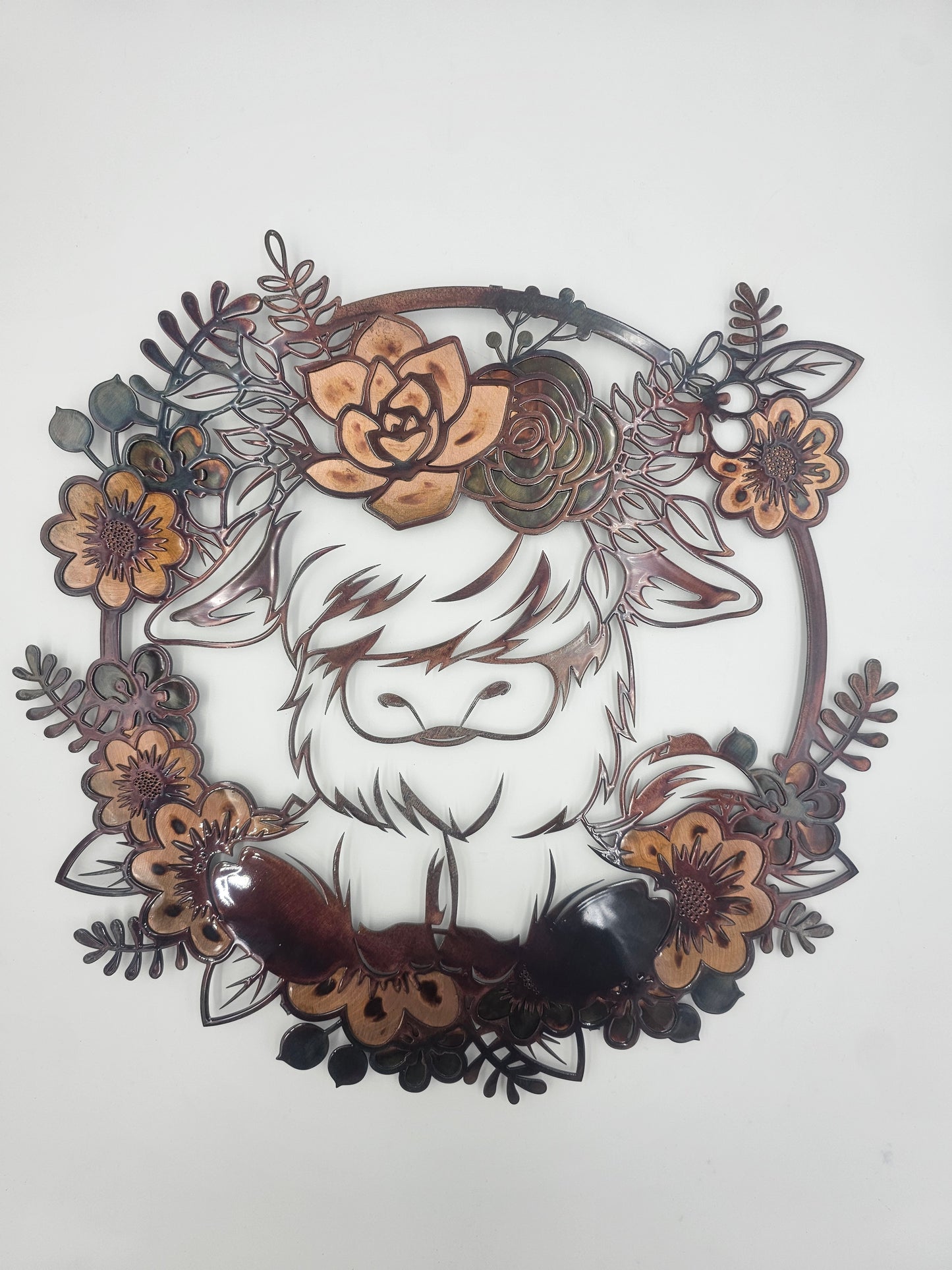 Highland Cow Metal Wall Art | Floral Cow Decor | Rustic Farmhouse Wall Hanging | Cow Lover Gift