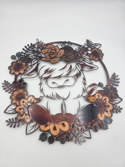 Highland Cow Metal Wall Art | Floral Cow Decor | Rustic Farmhouse Wall Hanging | Cow Lover Gift