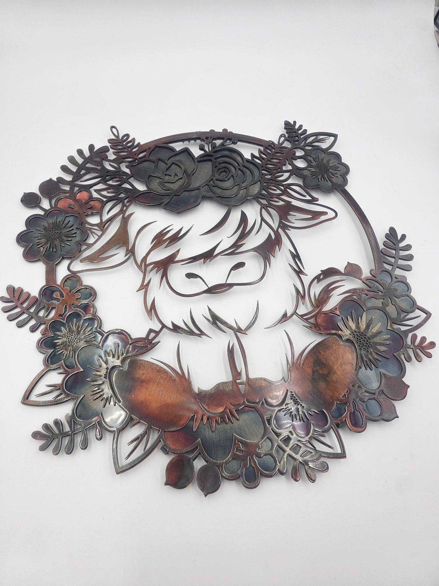 Highland Cow Metal Wall Art | Floral Cow Decor | Rustic Farmhouse Wall Hanging | Cow Lover Gift