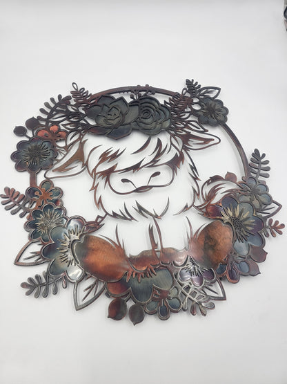 Highland Cow Metal Wall Art | Floral Cow Decor | Rustic Farmhouse Wall Hanging | Cow Lover Gift
