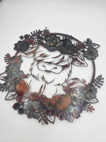 Highland Cow Metal Wall Art | Floral Cow Decor | Rustic Farmhouse Wall Hanging | Cow Lover Gift