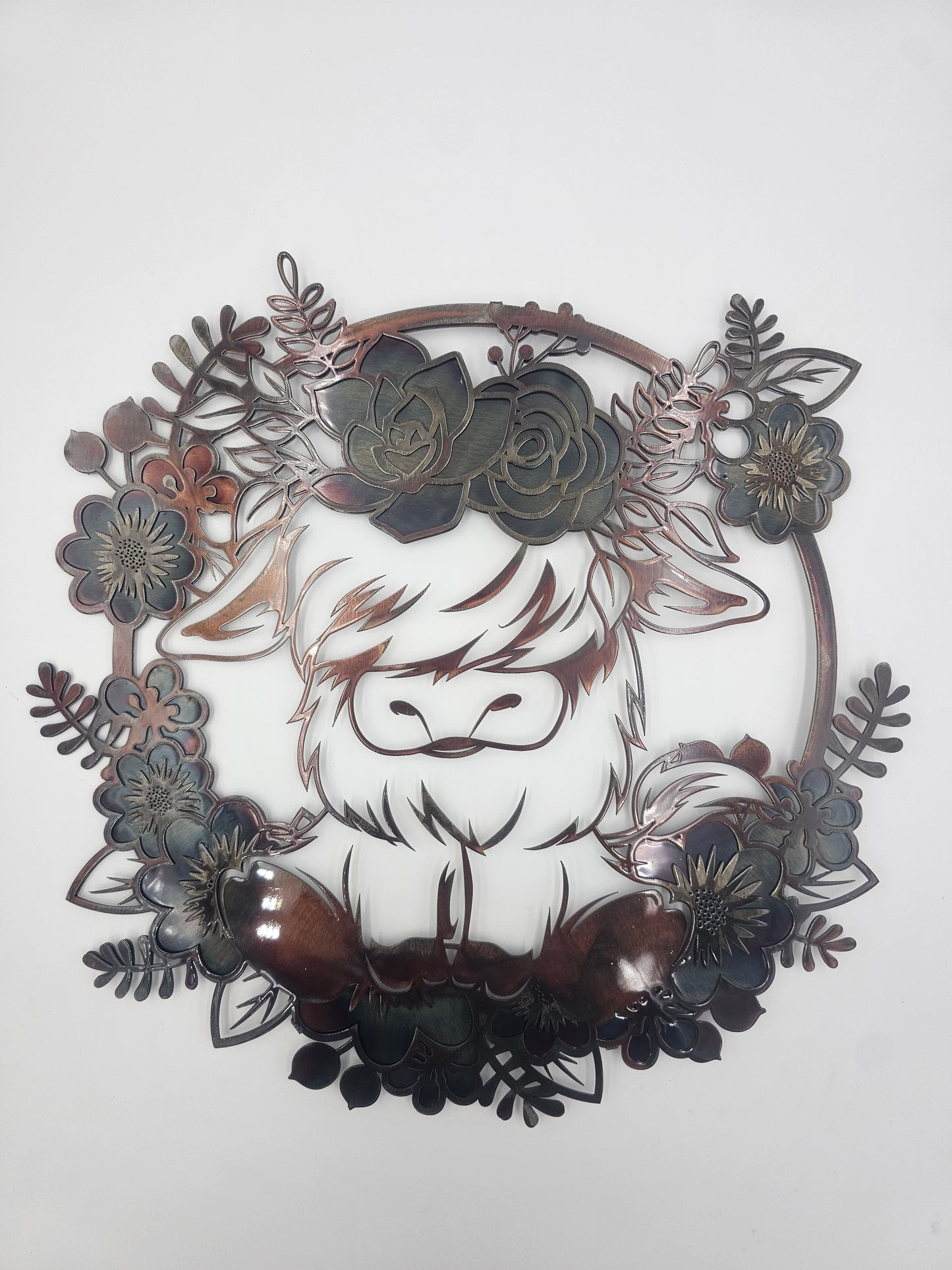 Highland Cow Metal Wall Art | Floral Cow Decor | Rustic Farmhouse Wall Hanging | Cow Lover Gift