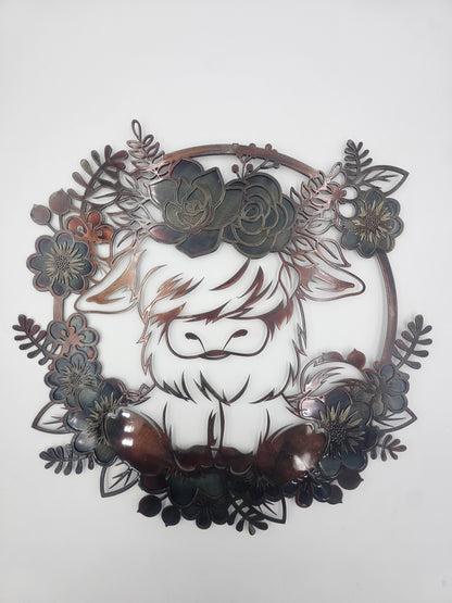 Highland Cow Metal Wall Art | Floral Cow Decor | Rustic Farmhouse Wall Hanging | Cow Lover Gift