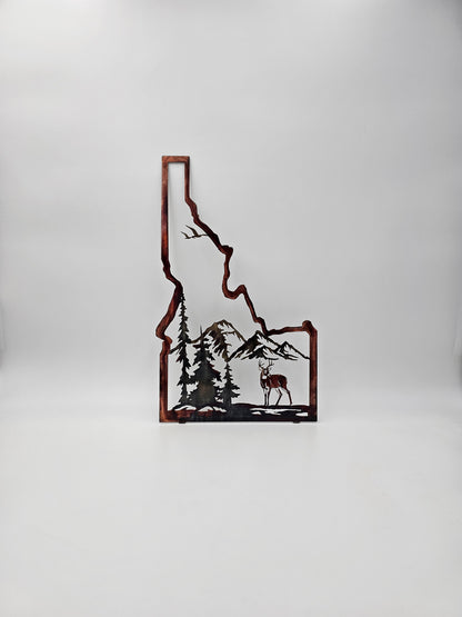 Idaho Metal Wall Art with Deer & Mountains | Rustic Cabin & Lodge Decor