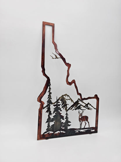 Idaho Metal Wall Art with Deer & Mountains | Rustic Cabin & Lodge Decor