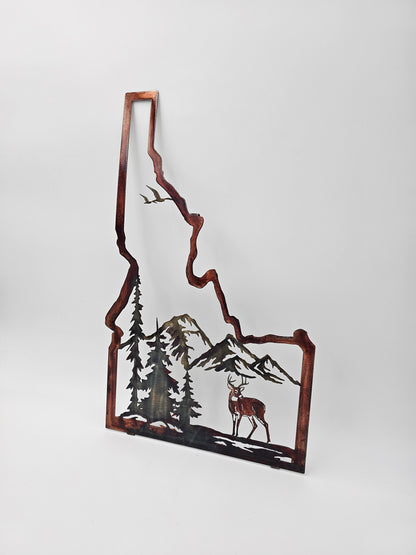 Idaho Metal Wall Art with Deer & Mountains | Rustic Cabin & Lodge Decor