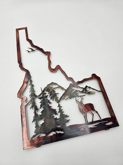 Idaho Metal Wall Art with Deer & Mountains | Rustic Cabin & Lodge Decor