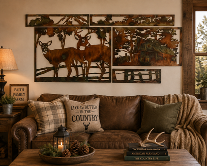 Deer and Barn Metal Wall Art | Rustic Farmhouse Decor | Country Wildlife Wall Hanging | Deer Lover Gift