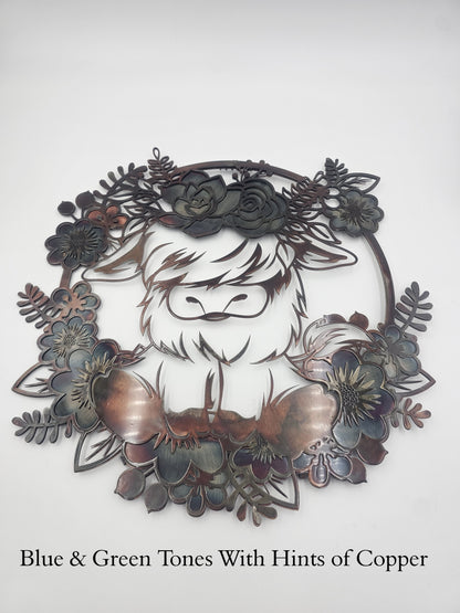 Highland Cow Metal Wall Art | Floral Cow Decor | Rustic Farmhouse Wall Hanging | Cow Lover Gift
