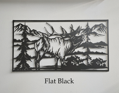 Bugling Elk in Mountain Scene Metal Wall Hanging Available in Six Colors